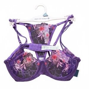 BED OF ROSES Purple Floral Lace 2pc Lingerie Set S NWT
